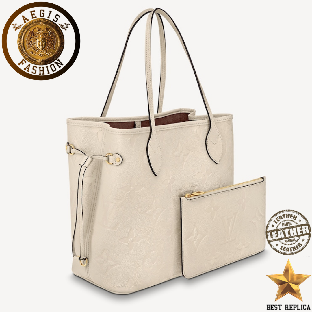 replica louis vuitton neverfull mm cream empreinte leather premium designer tote bag buvola