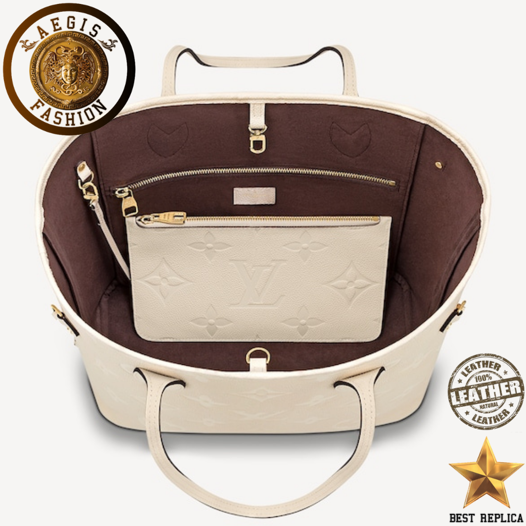 replica louis vuitton neverfull mm monogram empreinte cream leather luxury handbag buvola