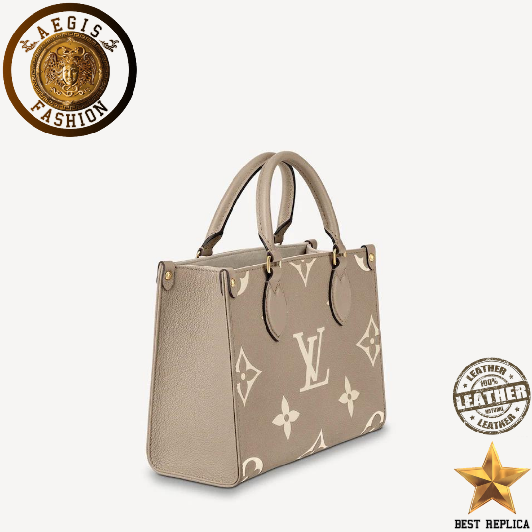 replica louis vuitton onthego pm tourterelle beige cream empreinte leather premium designer handbag buvola