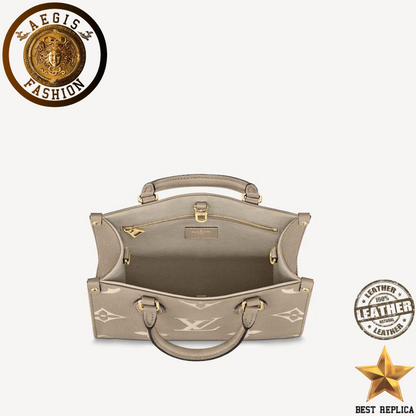 replica louis vuitton onthego pm tourterelle beige cream embossed leather luxury handbag buvola