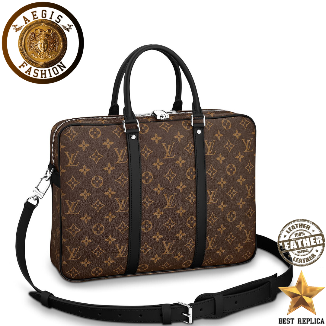 replica louis vuitton porte documents voyage pm monogram macassar canvas luxury designer briefcase buvola