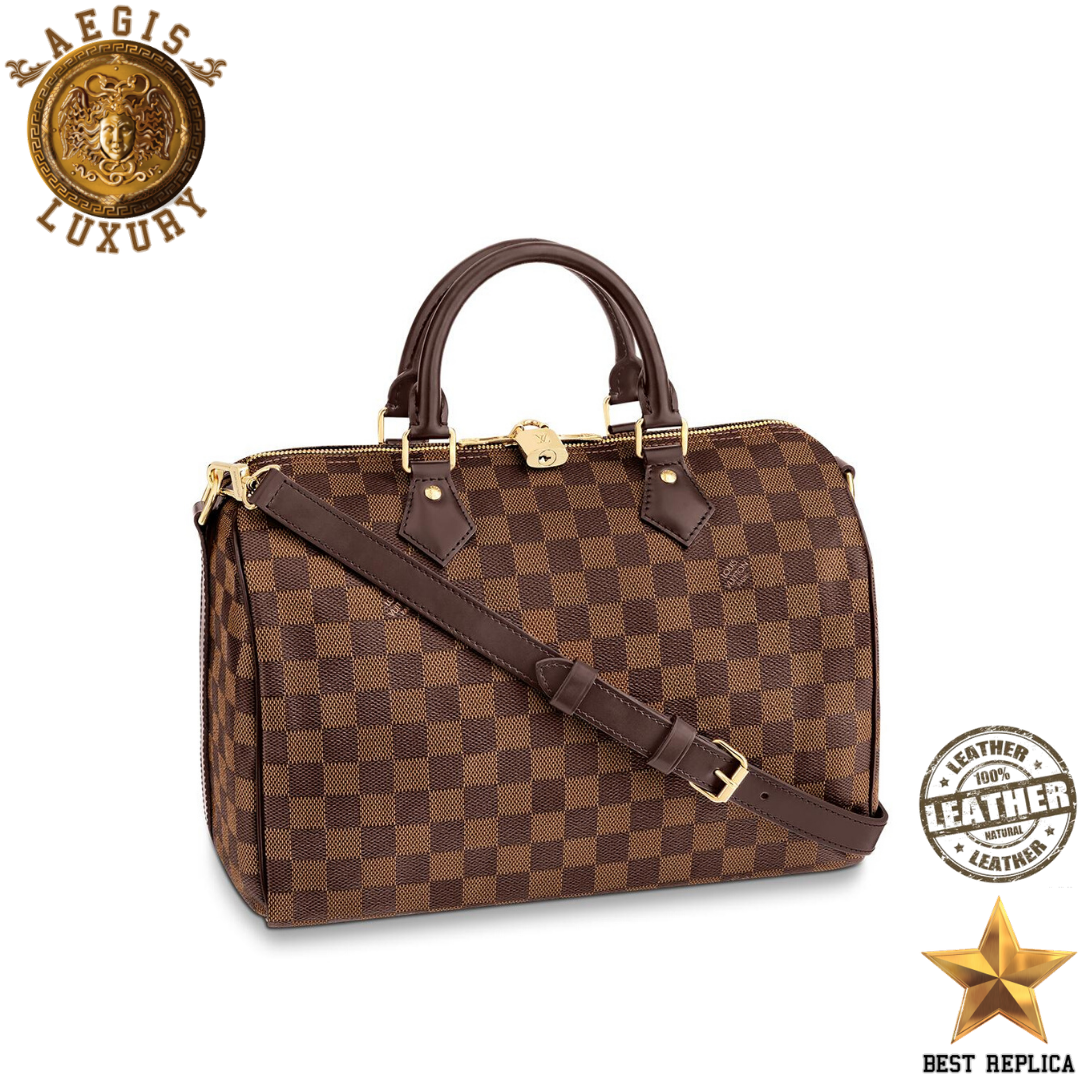replica Front view of Louis Vuitton Speedy 30 in Damier Ebene with structured silhouette