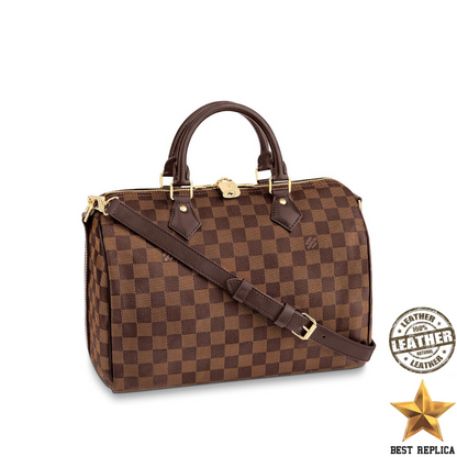 replica Front view of Louis Vuitton Speedy 30 in Damier Ebene with structured silhouette