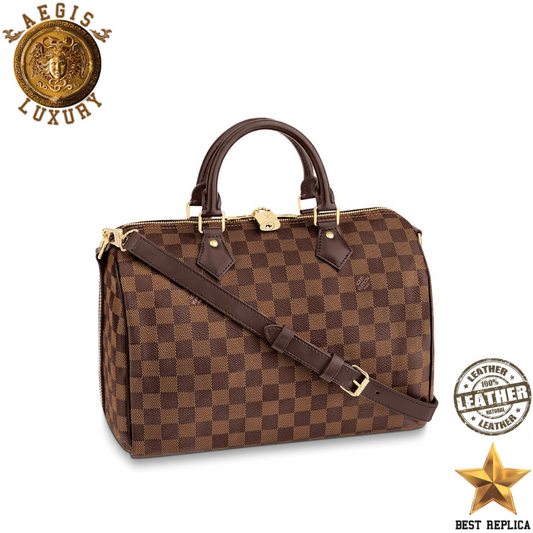 replica Front view of Louis Vuitton Speedy 30 in Damier Ebene with structured silhouette