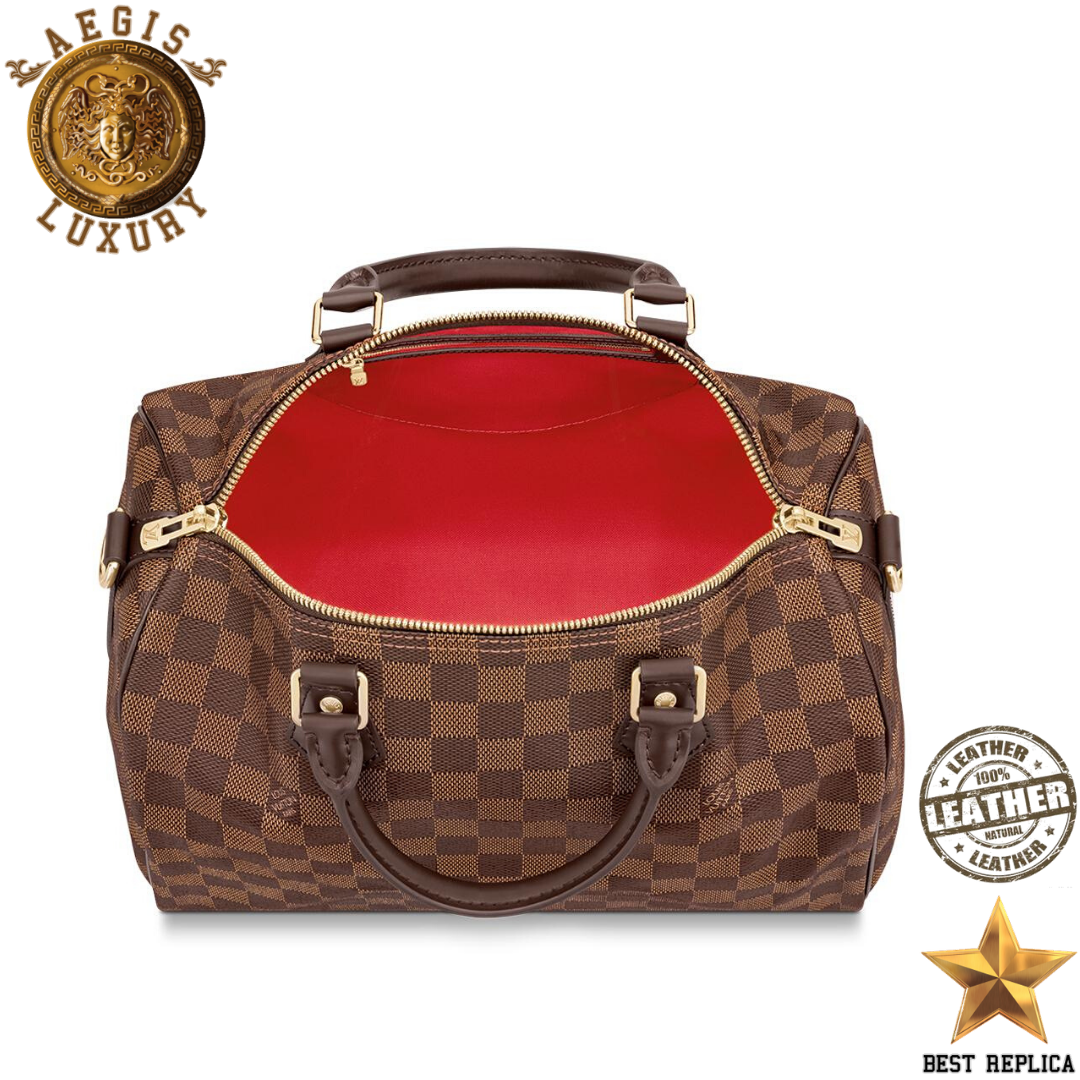 replica Interior view of Louis Vuitton Speedy 30 Damier Ebene showing lining and pockets