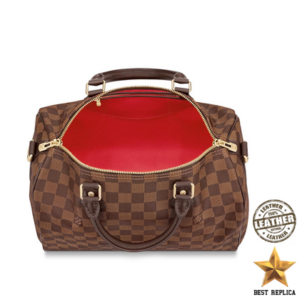 replica Interior view of Louis Vuitton Speedy 30 Damier Ebene showing lining and pockets