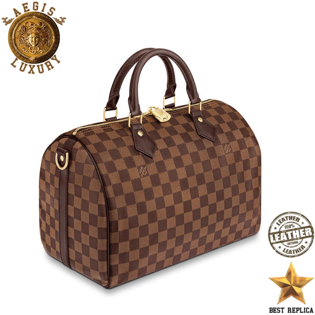 replica Side view of Louis Vuitton Speedy 30 Damier Ebene with rolled leather handles
