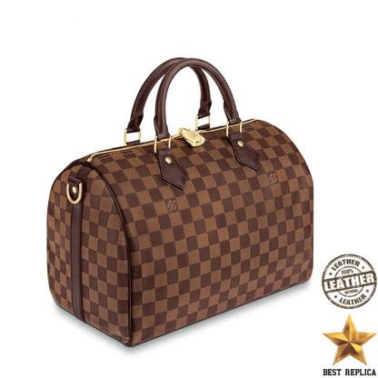 replica Side view of Louis Vuitton Speedy 30 Damier Ebene with rolled leather handles