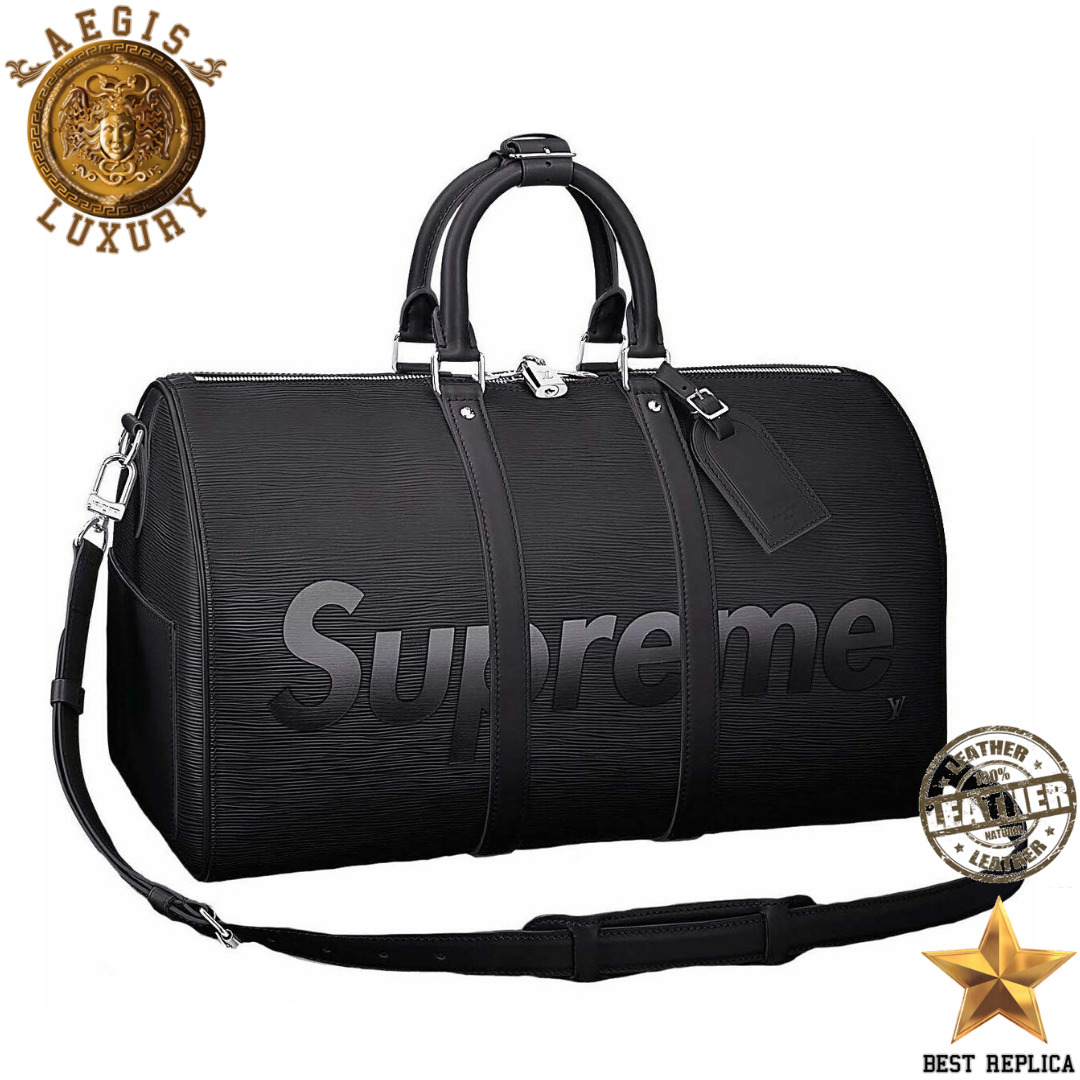 replica louis vuitton supreme keepall bandouliere 45 black epi leather luxury designer duffle bag buvola