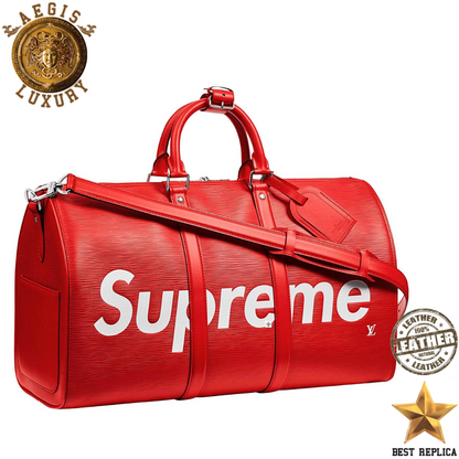 replica louis vuitton supreme keepall bandouliere 45 red epi leather luxury designer duffle bag buvola