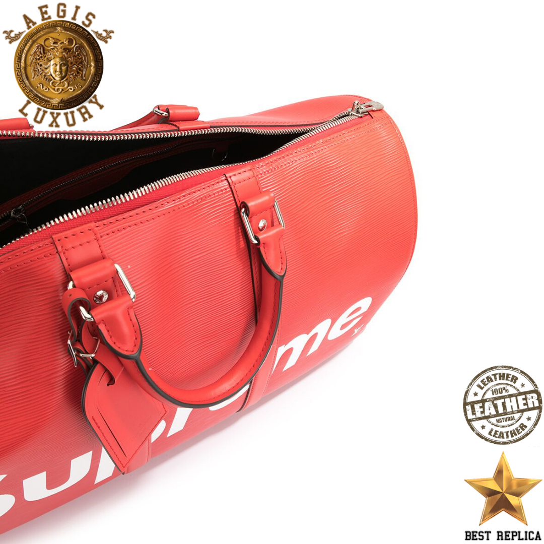 replica supreme red louis vuitton keepall bandouliere stylish high end accessory buvola