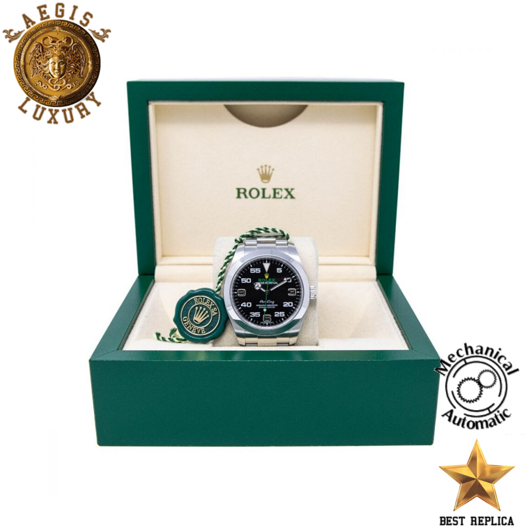 replica rolex air king black dial premium luxury watch angle view