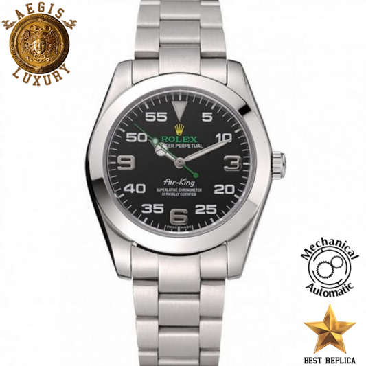 replica rolex air king black dial stainless steel luxury watch front view