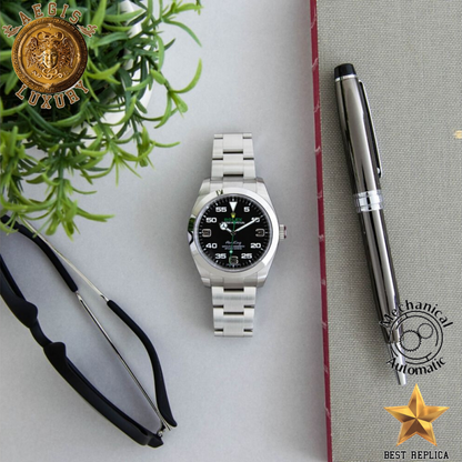 replica rolex air king silver stainless steel luxury watch side profile