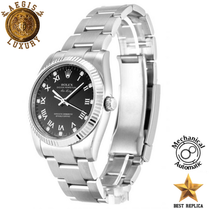 replica rolex air king black diamond dial premium luxury watch angle view
