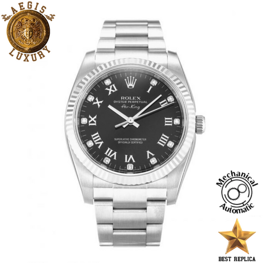replica rolex air king black diamond dial stainless steel luxury watch front view