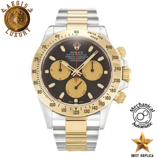 replica rolex cosmograph daytona black gold yellow dial two tone silver gold bracelet watch buvola