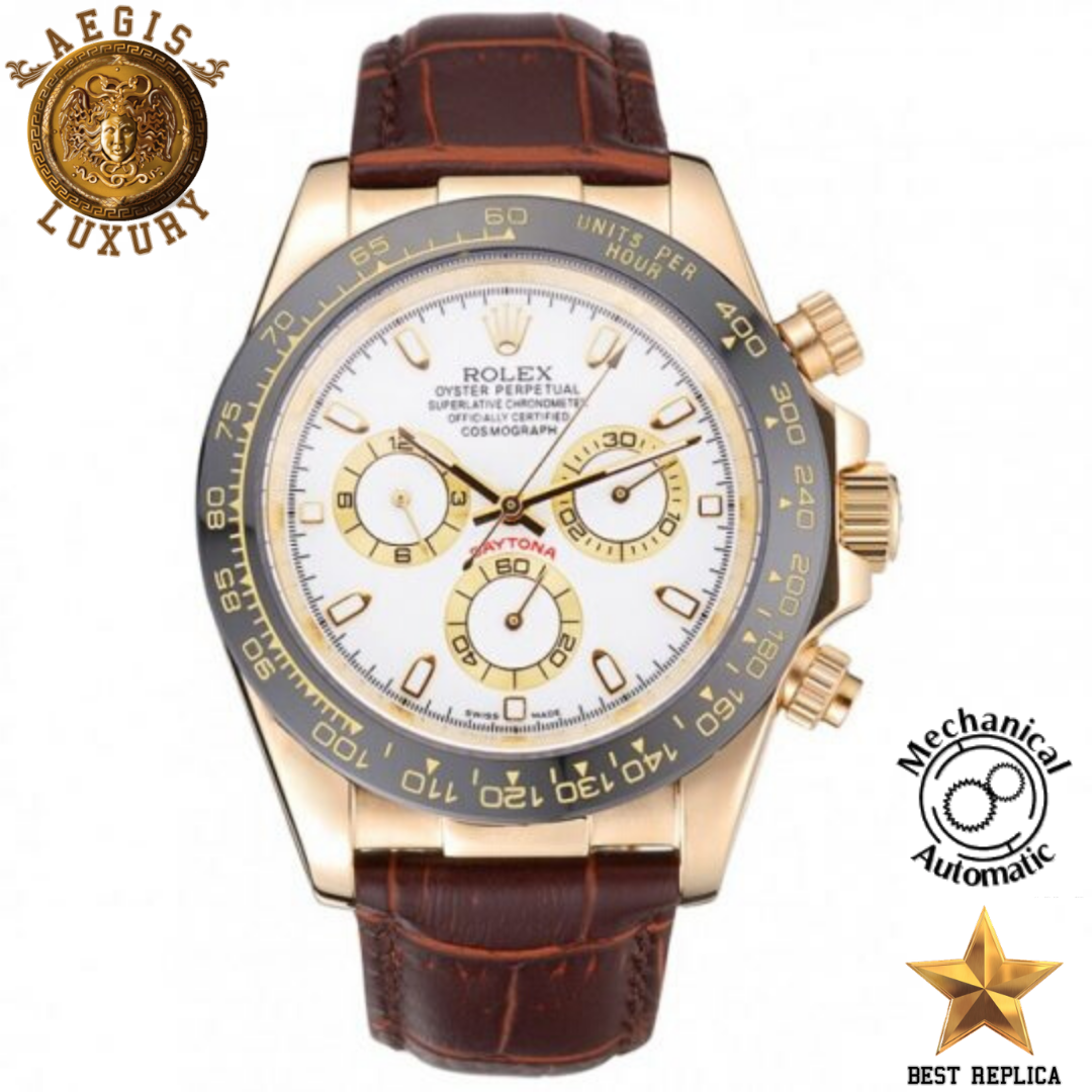 replica rolex cosmograph daytona gold case white dial brown leather strap watch buvola