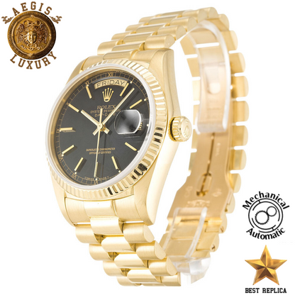 replica rolex day date 36 black baton dial premium luxury watch angle view