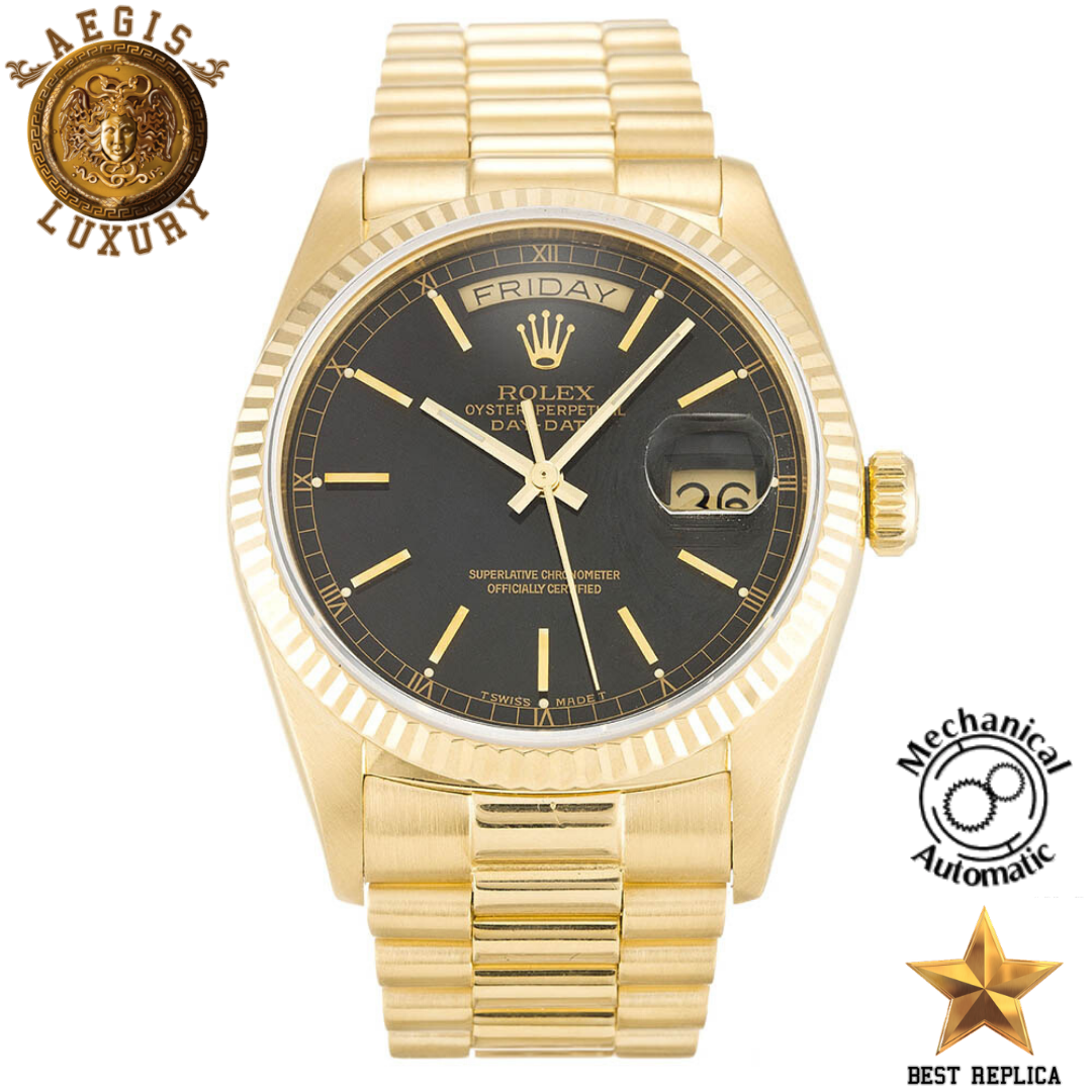 replica rolex day date 36 black baton dial yellow gold stainless steel luxury watch front view