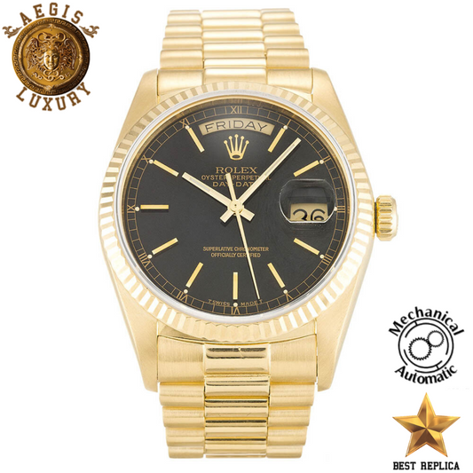 replica rolex day date 36 black baton dial yellow gold stainless steel luxury watch front view