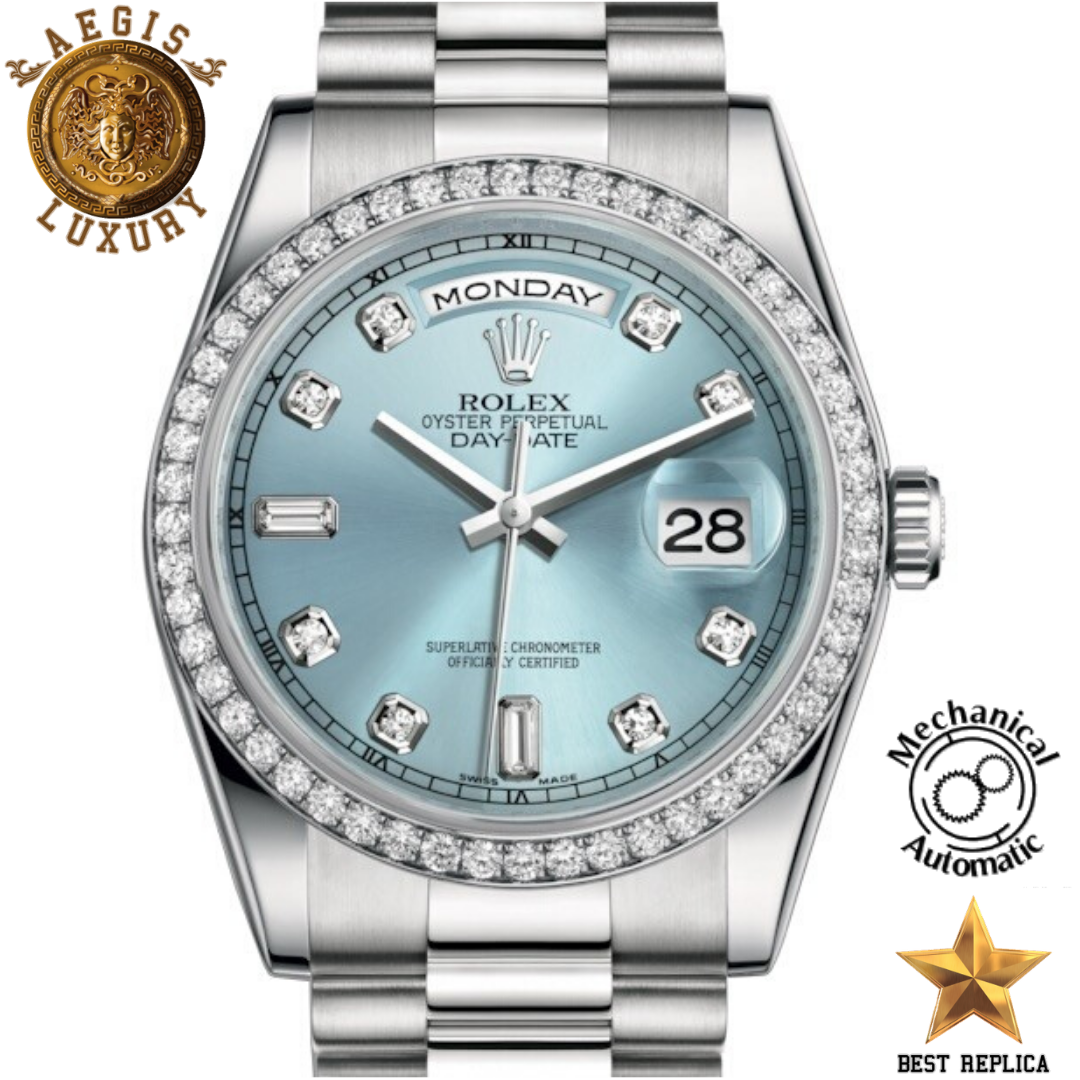 replica rolex day date 36 ice blue diamond dial premium luxury watch angle view
