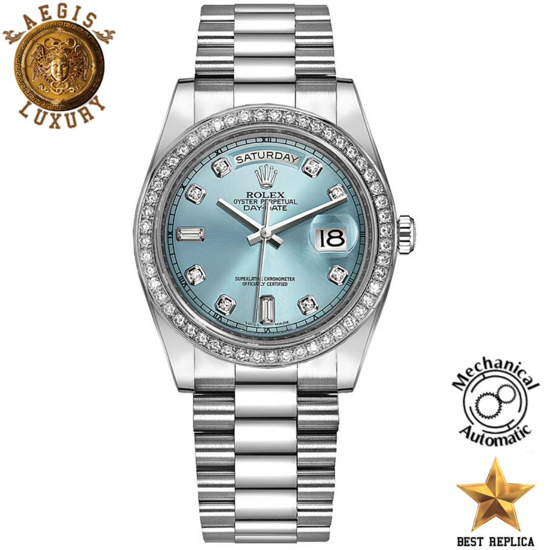 replica rolex day date 36 diamond ice blue dial silver stainless steel luxury watch front view