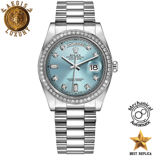 replica rolex day date 36 diamond ice blue dial silver stainless steel luxury watch front view