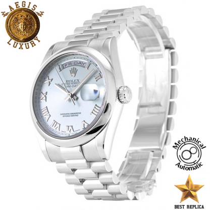 replica rolex day date blue roman numeral dial premium luxury watch angle view