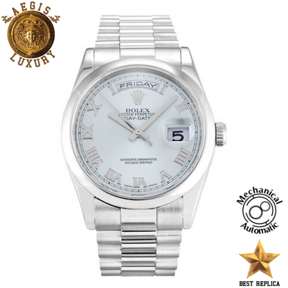 replica rolex day date blue roman number dial silver stainless steel luxury watch front view
