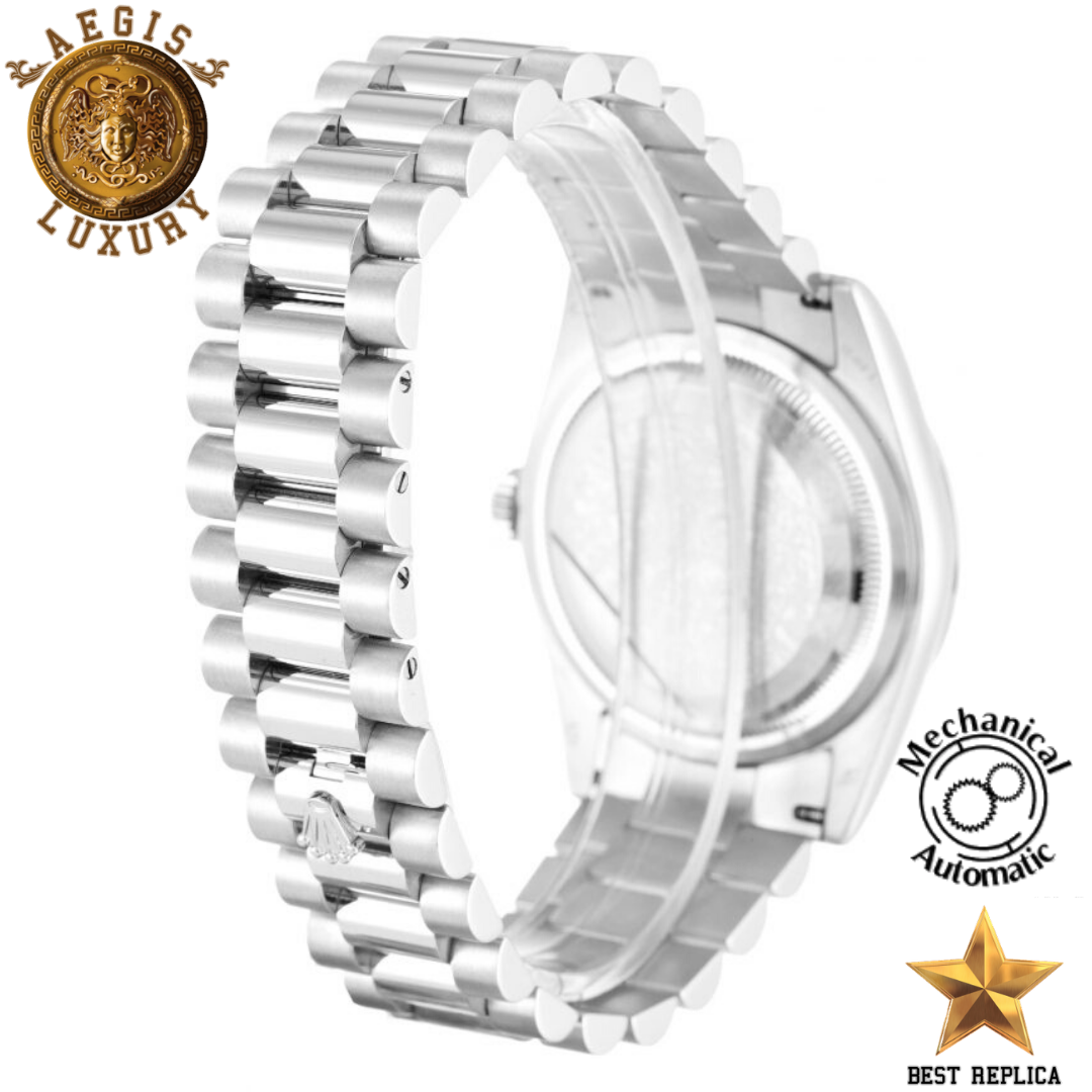 replica rolex day date silver stainless steel luxury watch side profile
