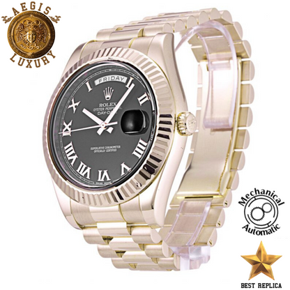 replica rolex day date ii black roman numeral dial premium luxury watch angle view