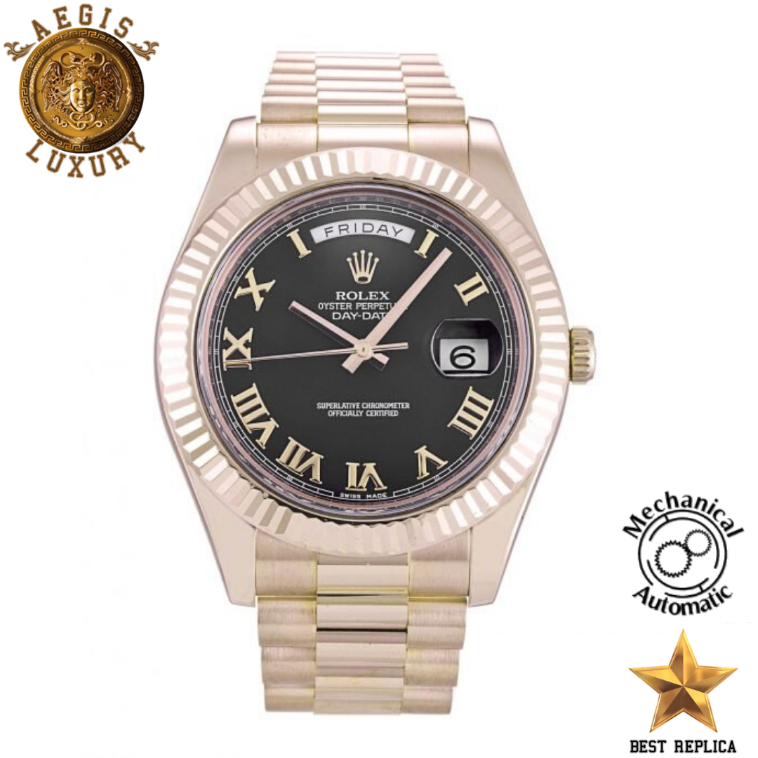 replica rolex day date ii black roman number dial rose gold stainless steel luxury watch front view