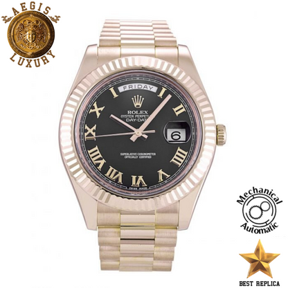 replica rolex day date ii black roman number dial rose gold stainless steel luxury watch front view