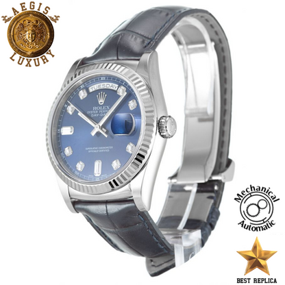 replica rolex day date ii blue diamond dial premium luxury watch angle view