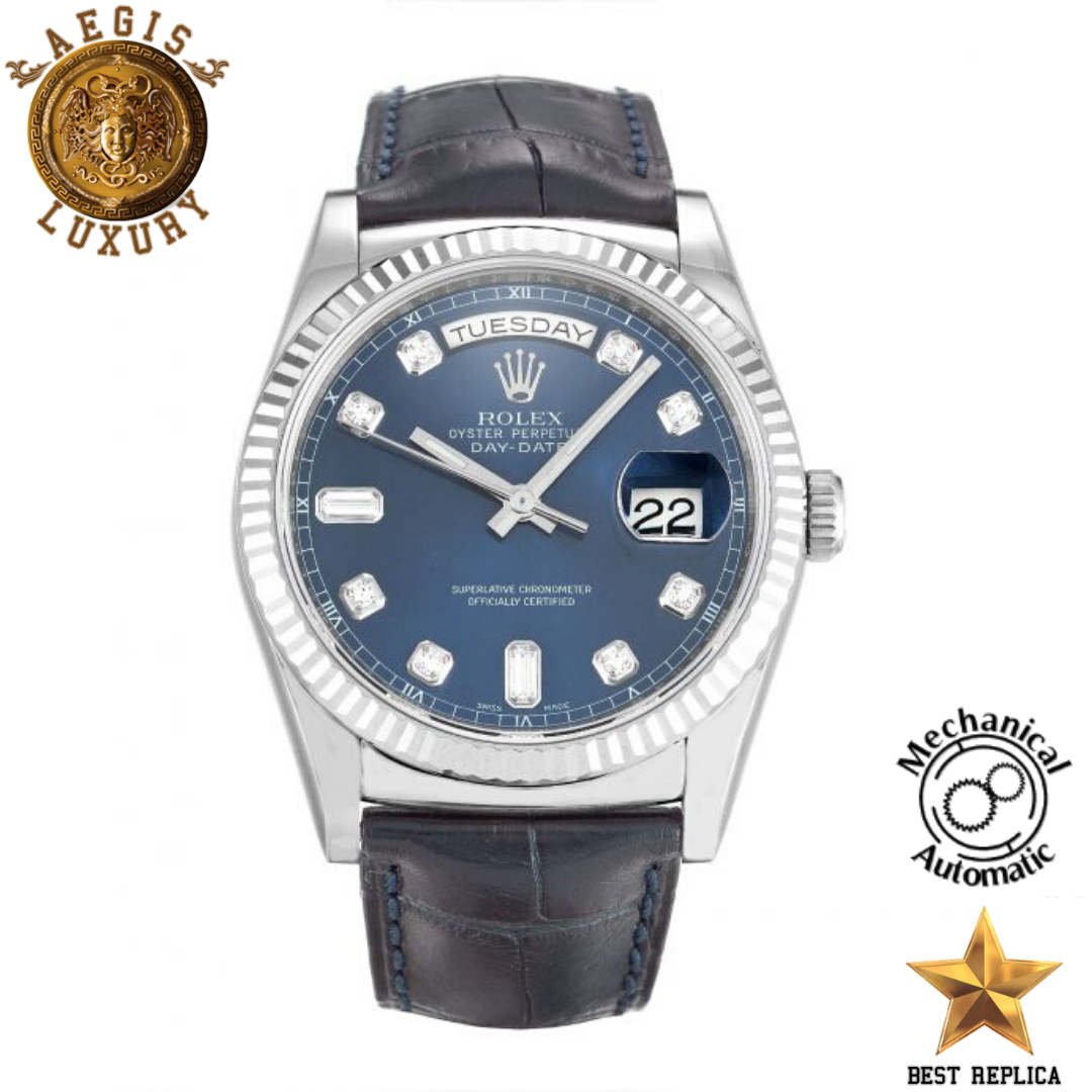 replica rolex day date ii blue diamond dial silver stainless steel luxury watch front view