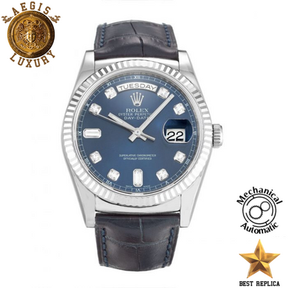 replica rolex day date ii blue diamond dial silver stainless steel luxury watch front view
