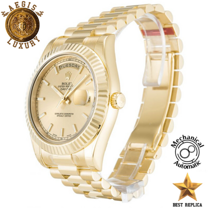 replica rolex day date ii champagne baton dial premium luxury watch angle view