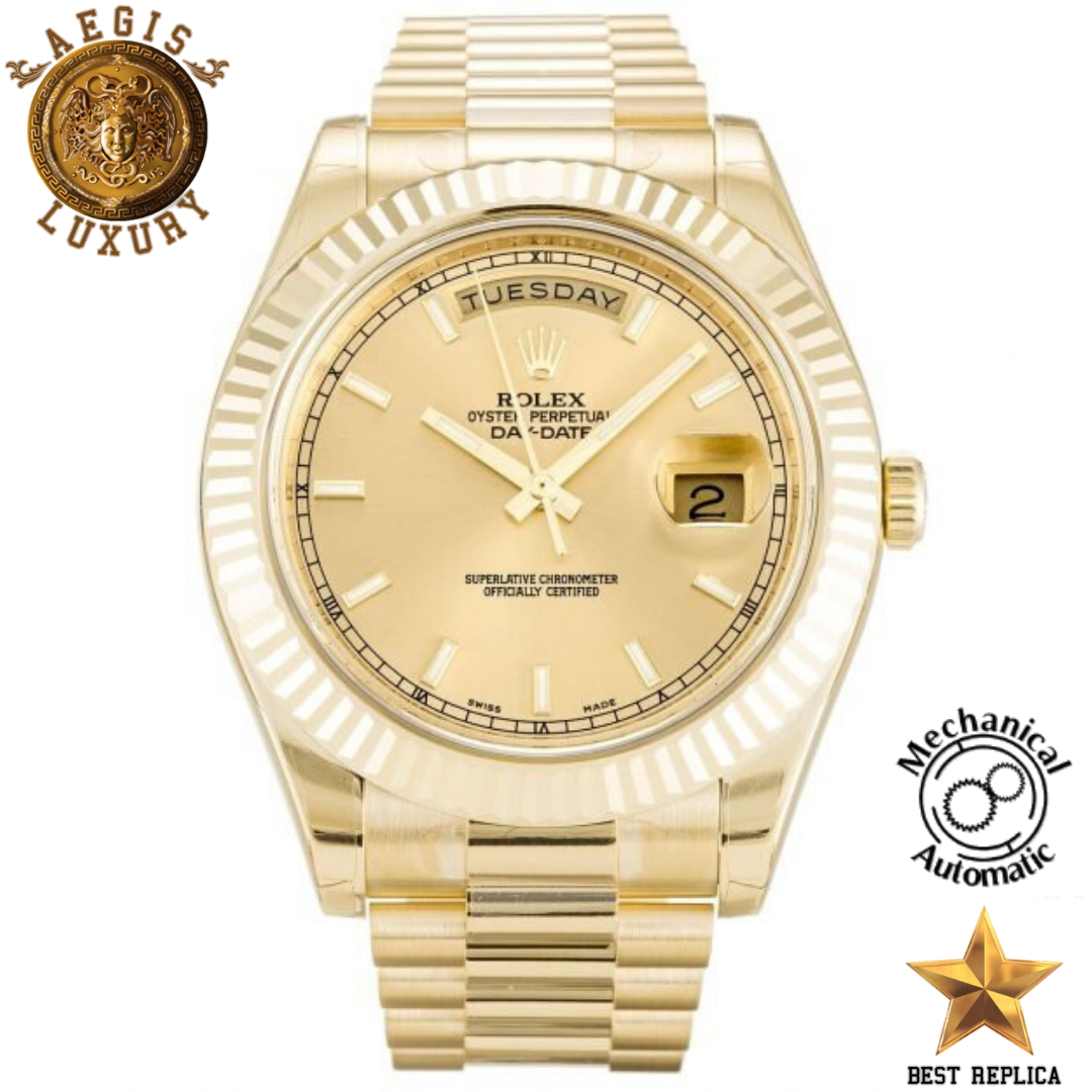 replica rolex day date ii champagne baton dial yellow gold stainless steel luxury watch front view