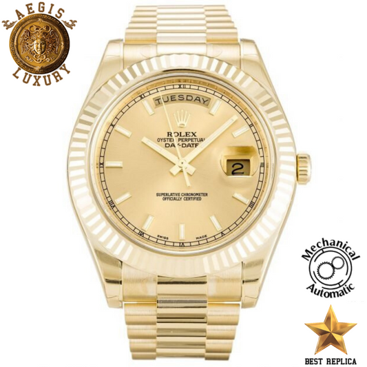 replica rolex day date ii champagne baton dial yellow gold stainless steel luxury watch front view