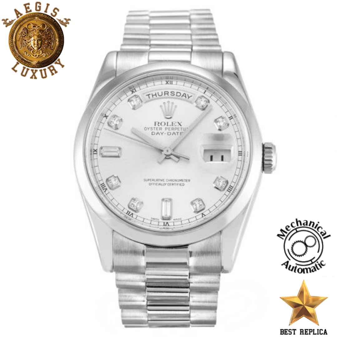 replica rolex day date ii diamond silver baton dial silver stainless steel luxury watch front view
