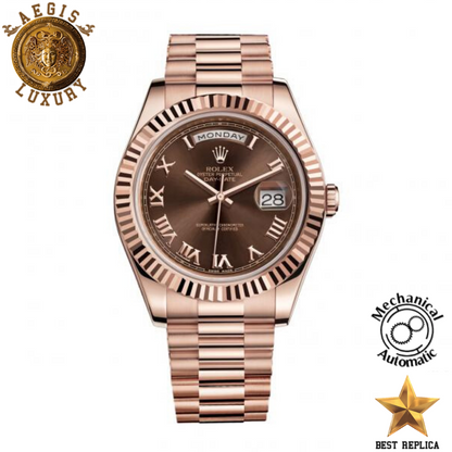 replica rolex day date ii gold rose dial rose gold stainless steel luxury watch front view