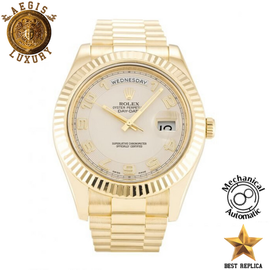 replica rolex day date ii ivory white dial yellow gold stainless steel luxury watch front view