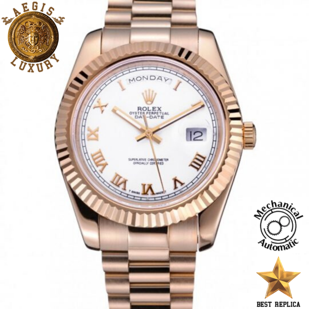 replica rolex day date ii white dial rose gold stainless steel luxury watch front view