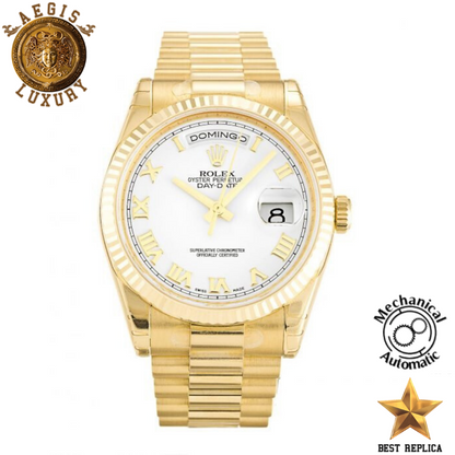 replica rolex day date ii white dial yellow gold stainless steel luxury watch front view