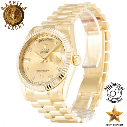 replica rolex day date ii yellow gold diamonds dial premium luxury watch angle view