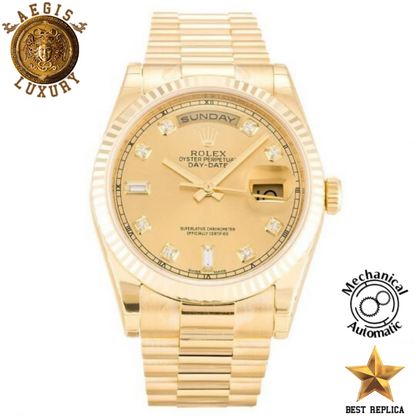replica rolex day date ii yellow gold diamonds dial luxury watch front view