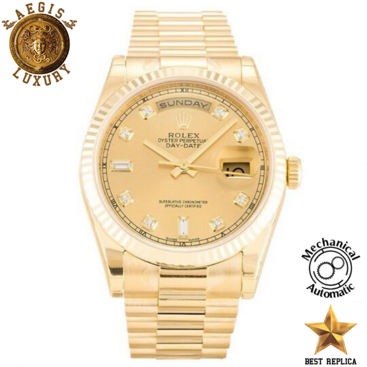 replica rolex day date ii yellow gold diamonds dial luxury watch front view