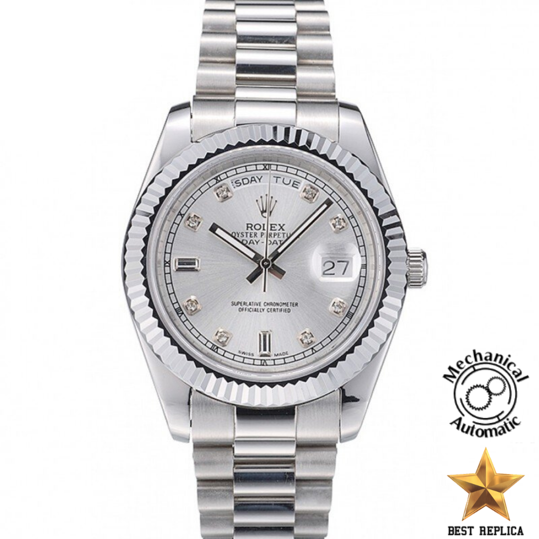 replica rolex day date ribbed bezel silver dial silver stainless steel luxury watch front view