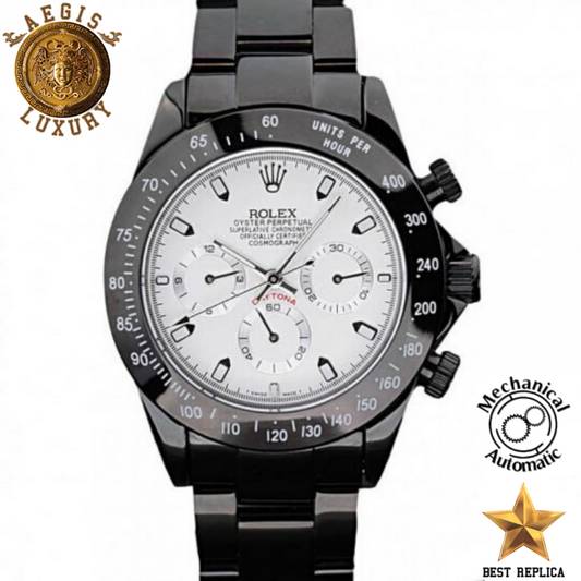 replica rolex daytona black bezel white dial black case stainless steel black bracelet watch buvola